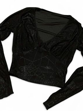 Black V-Neck Long Sleeve Top with Subtle Web Print - Unbranded